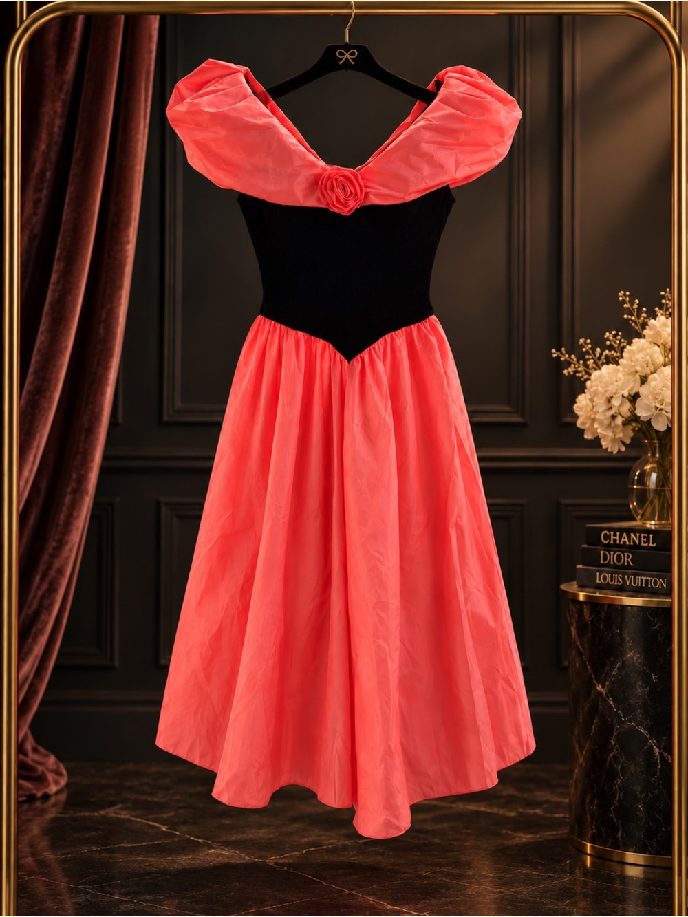 Vintage Nu-Mode Toronto Coral Pink Black Prom Formal Evening Dress S-M Approx